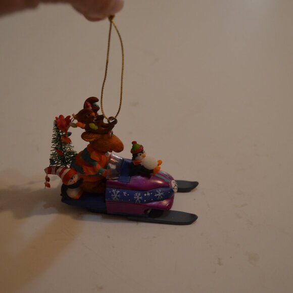 Holiday Ornament Figuring Reign Deer & Penguins on Snow Sled Mix Media Colorful - Picture 1 of 7